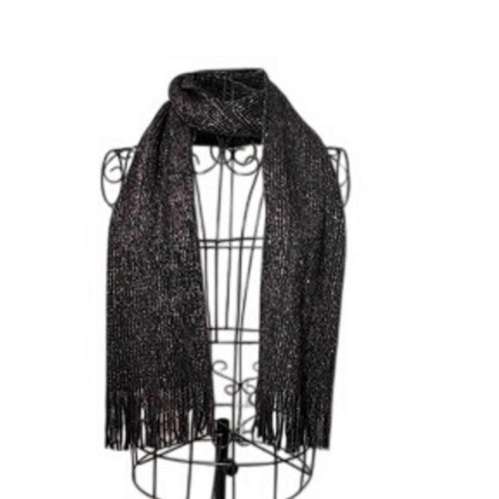 Black Metallic Silver Shimmer Knit Fringe Scarf - One Size
